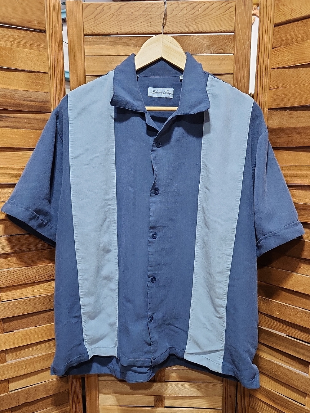 Milano Bay Men XXL Blue Two-Tone Vertical Panel Short Sleeve Button-Up Shirt